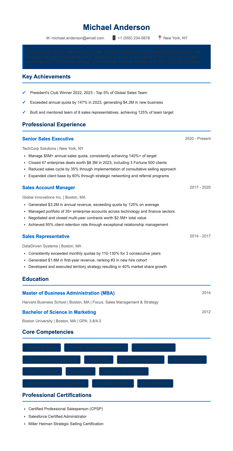 Corporate standard sales resume